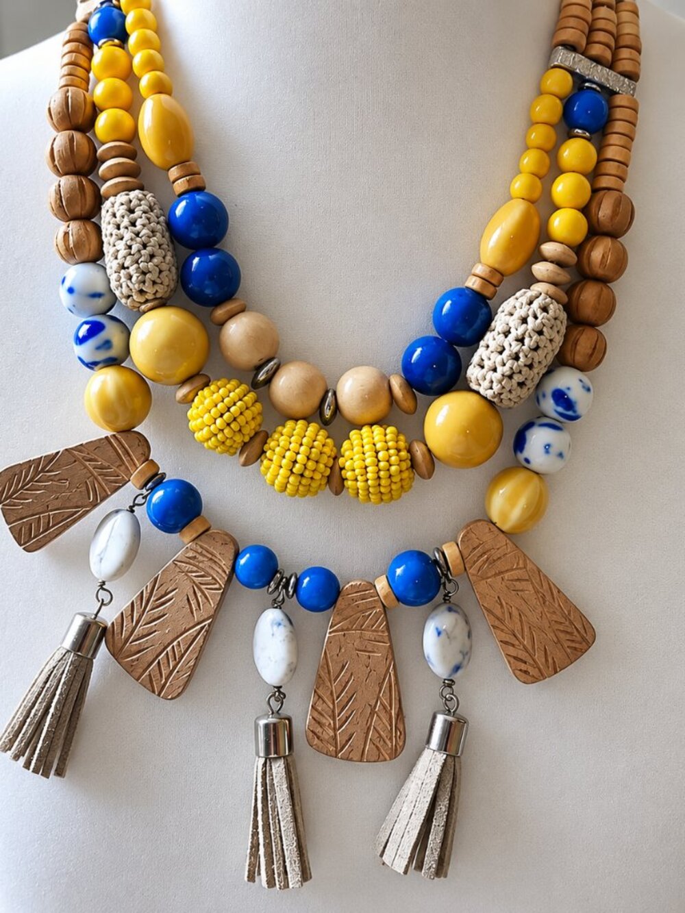 Chico’s Blue Yellow Multi Strand Beaded Statement Necklace Tassels